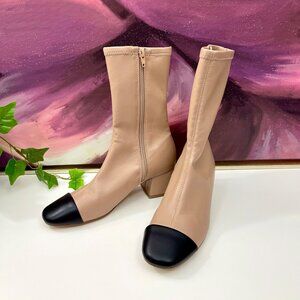 Steve Madden Beige Ankle Boots With Black Cap Toe & Side Zip Size 7.5